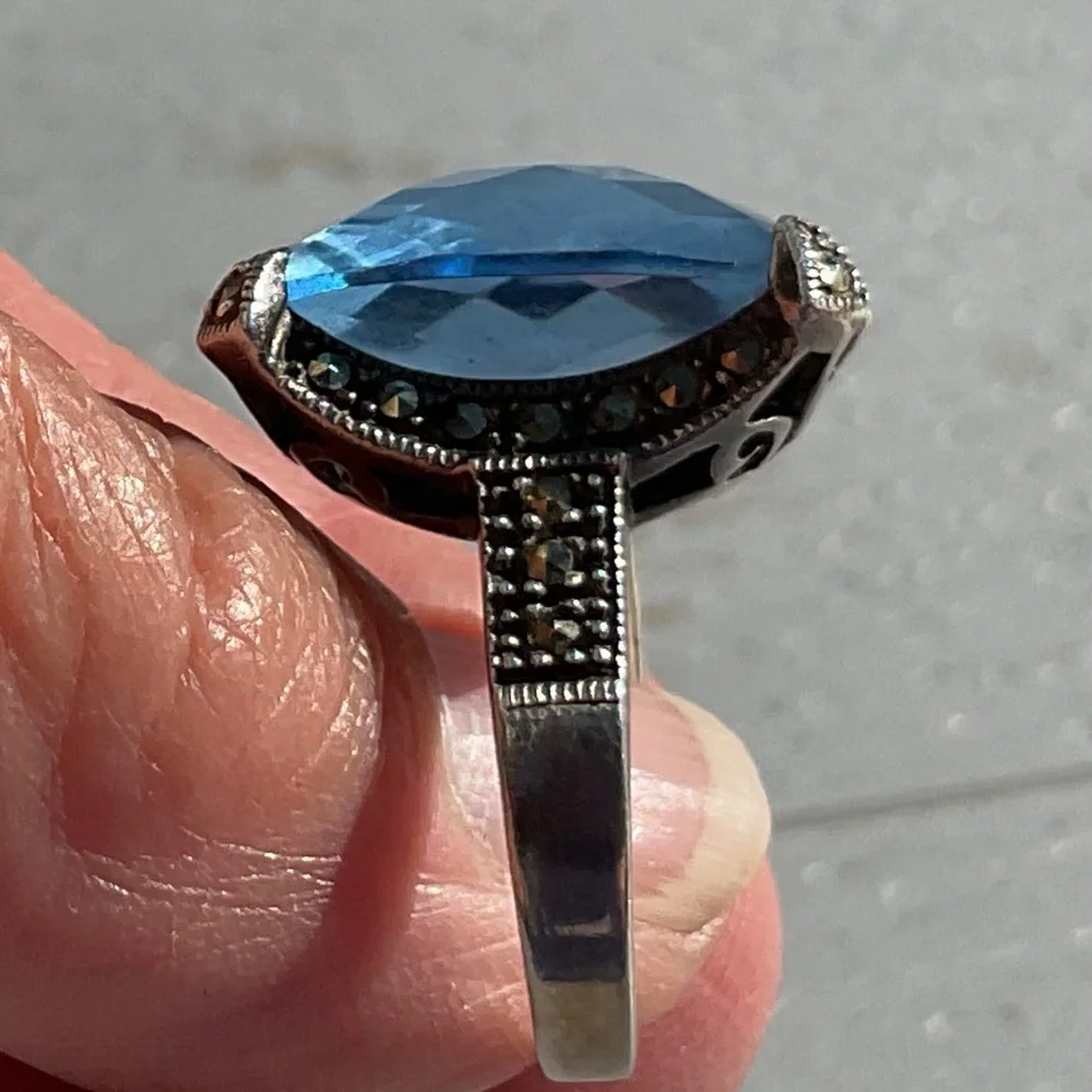 DBJ Topaz Marcasite Ring 925 silver Vintage size 7 - Picture 4 of 15